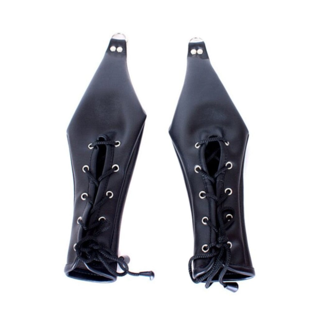 Black soft leather pet play bondage mitts with metal D-ring attachment.