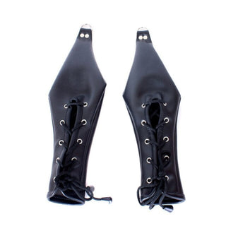 Black soft leather pet play bondage mitts with metal D-ring attachment.