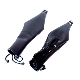 Adjustable bondage mitts with laces for a perfect fit and sensory deprivation.