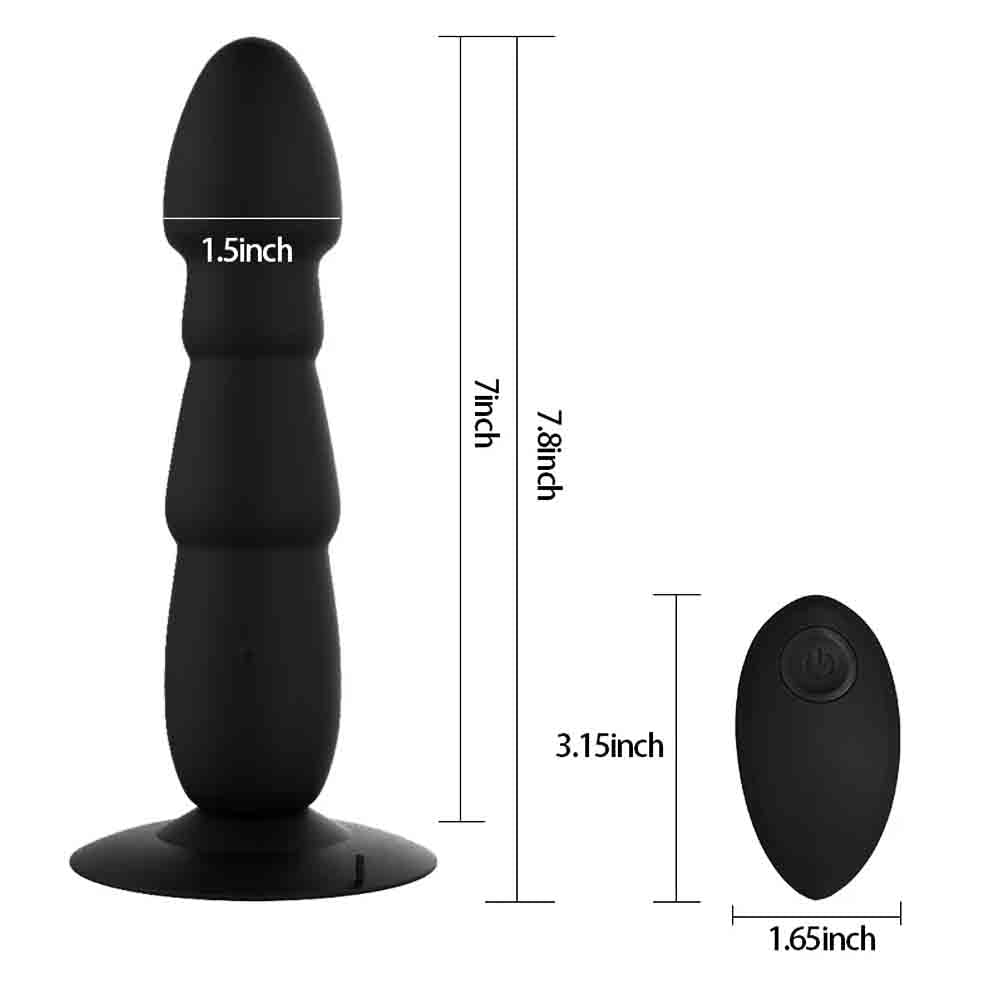 Water resistant black vibrating silicone plug with a textured ribbed shaft and flat safety base.