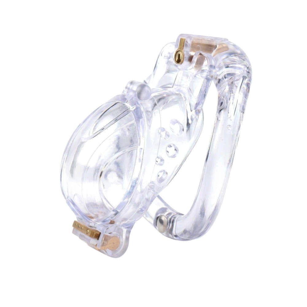 Featuring an image of Dual Locking System Cage, a clear plastic chastity device with a dual locking system for ultimate control and security.