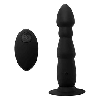 Premium black ribbed silicone plug with a realistic feel and adjustable vibration patterns.