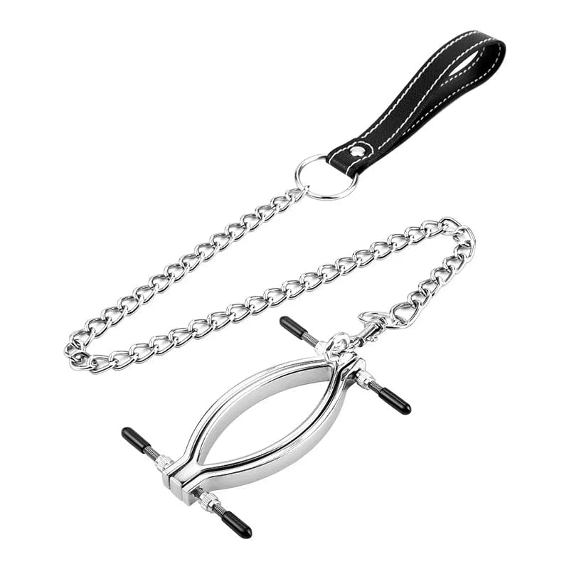 Labia Spreader with Leash made of stainless steel for intimate play and role-play scenarios.