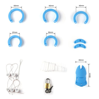 Pictured here is an image of the Candy-Coloured Soft Silicone Cage with the complete set of accessories included.