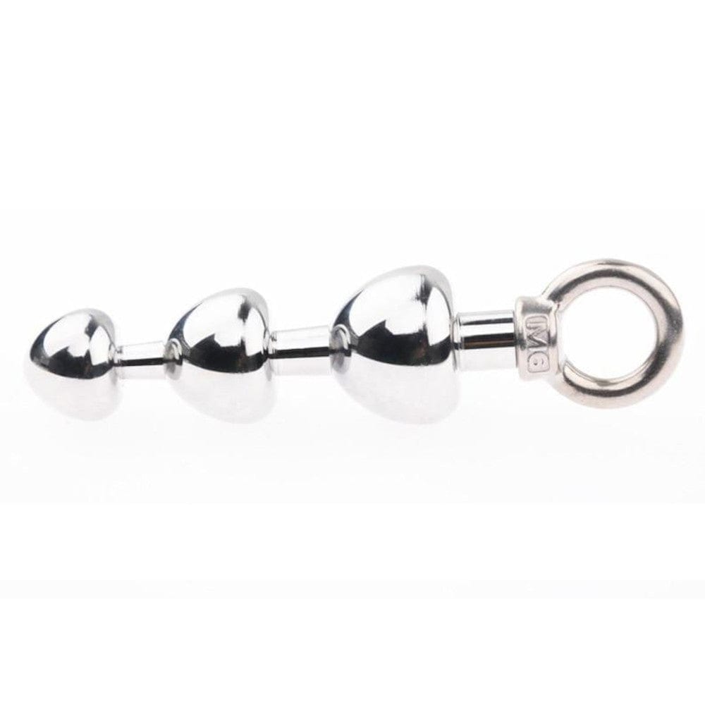 Pictured here is an image of Triple Orbs of Pleasure Steel Anal Beads with heart-shaped beads in stainless steel.