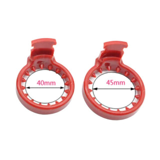 Red and transparent resin chastity ring options, 1.57 inches or 1.77 inches, for comfortable caged play.