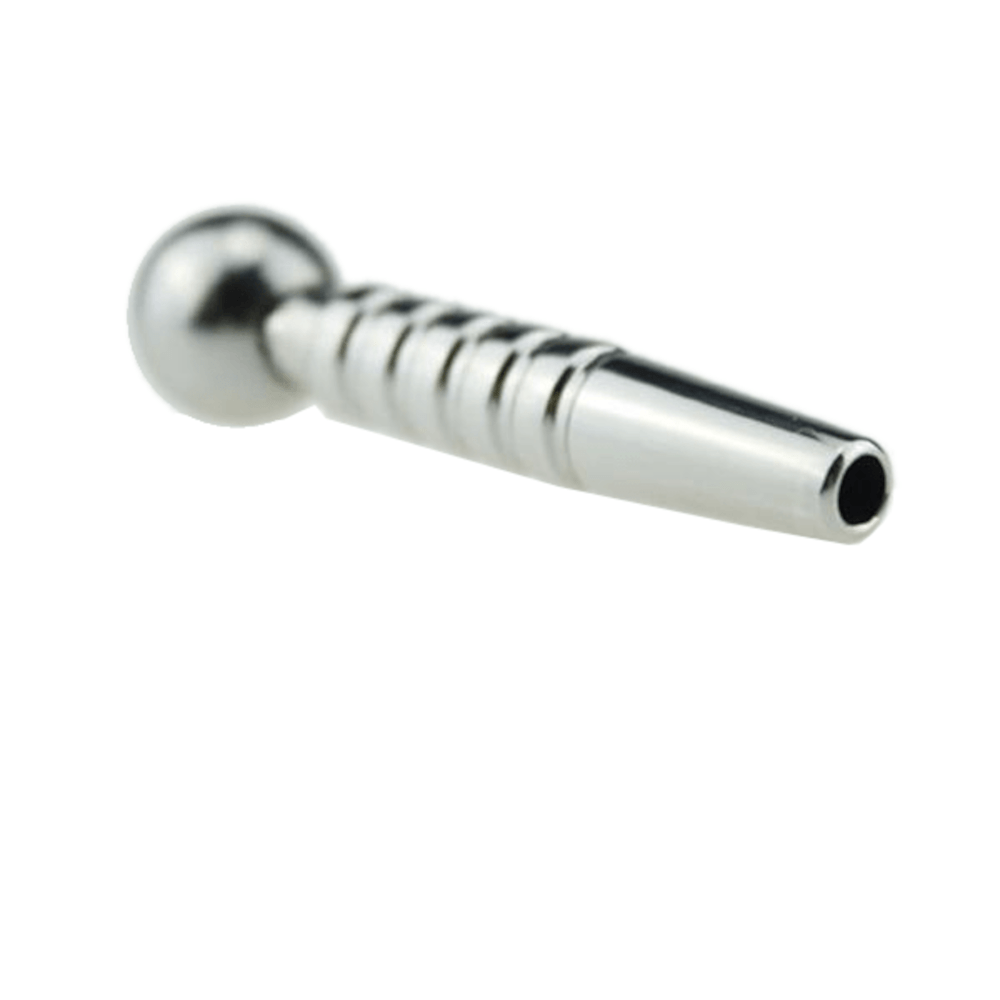 Presenting an image of Manic Mic Penis Sound, a textured plug with a cum-thru hole for prolonged wear.