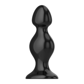 Sensual black silicone plug with strong suction cup for hands-free enjoyment.