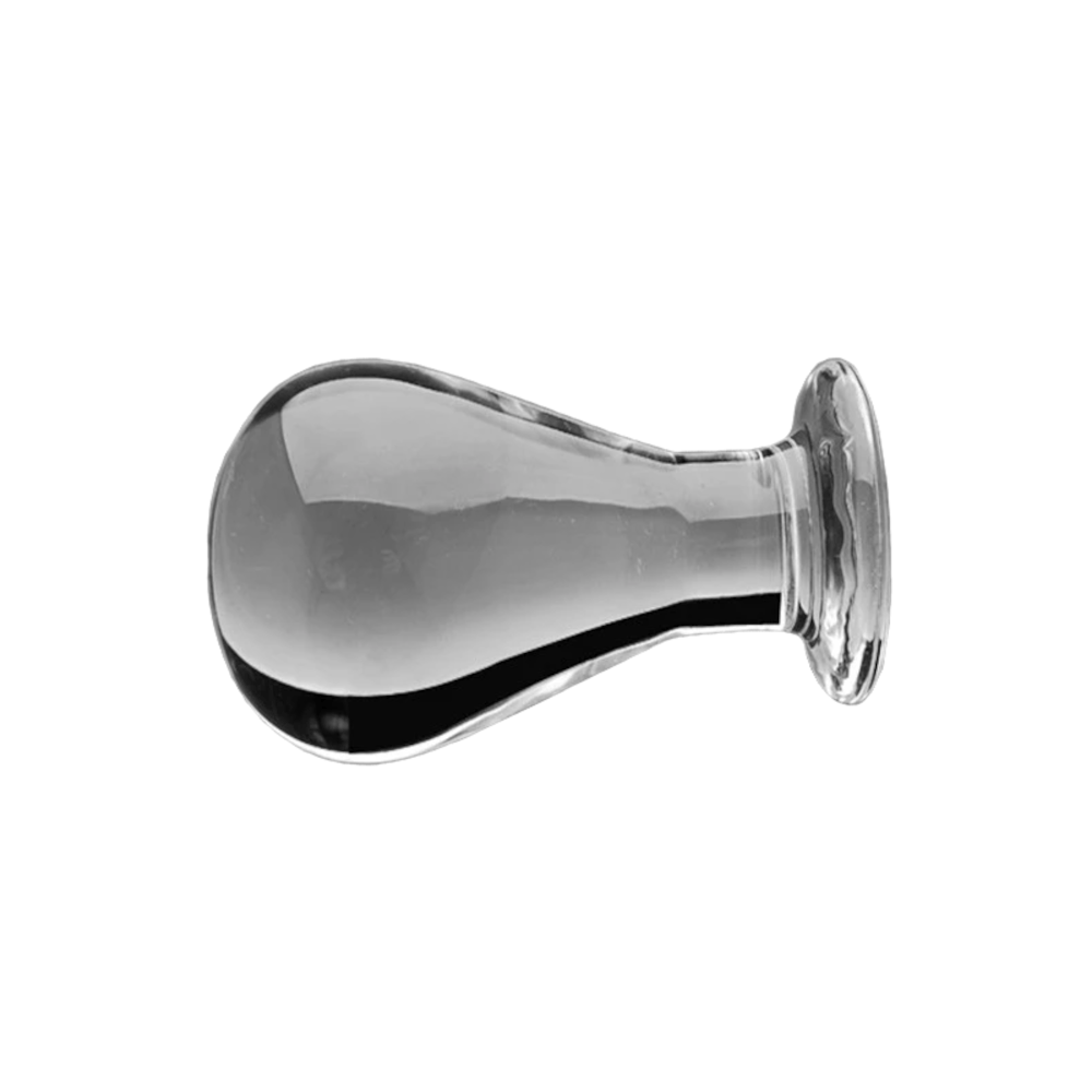 This is an image of a transparent handle and plug on the Bulb-Shaped Glass Anal Plug, offering a smooth glide.