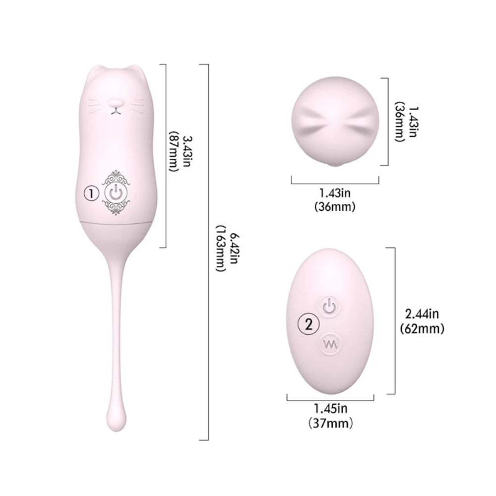 An image highlighting the dimensions of the Naughty Kitty Vibrating Kegel Balls 2pcs Set, including the length and width of the vibrating ball and remote control.