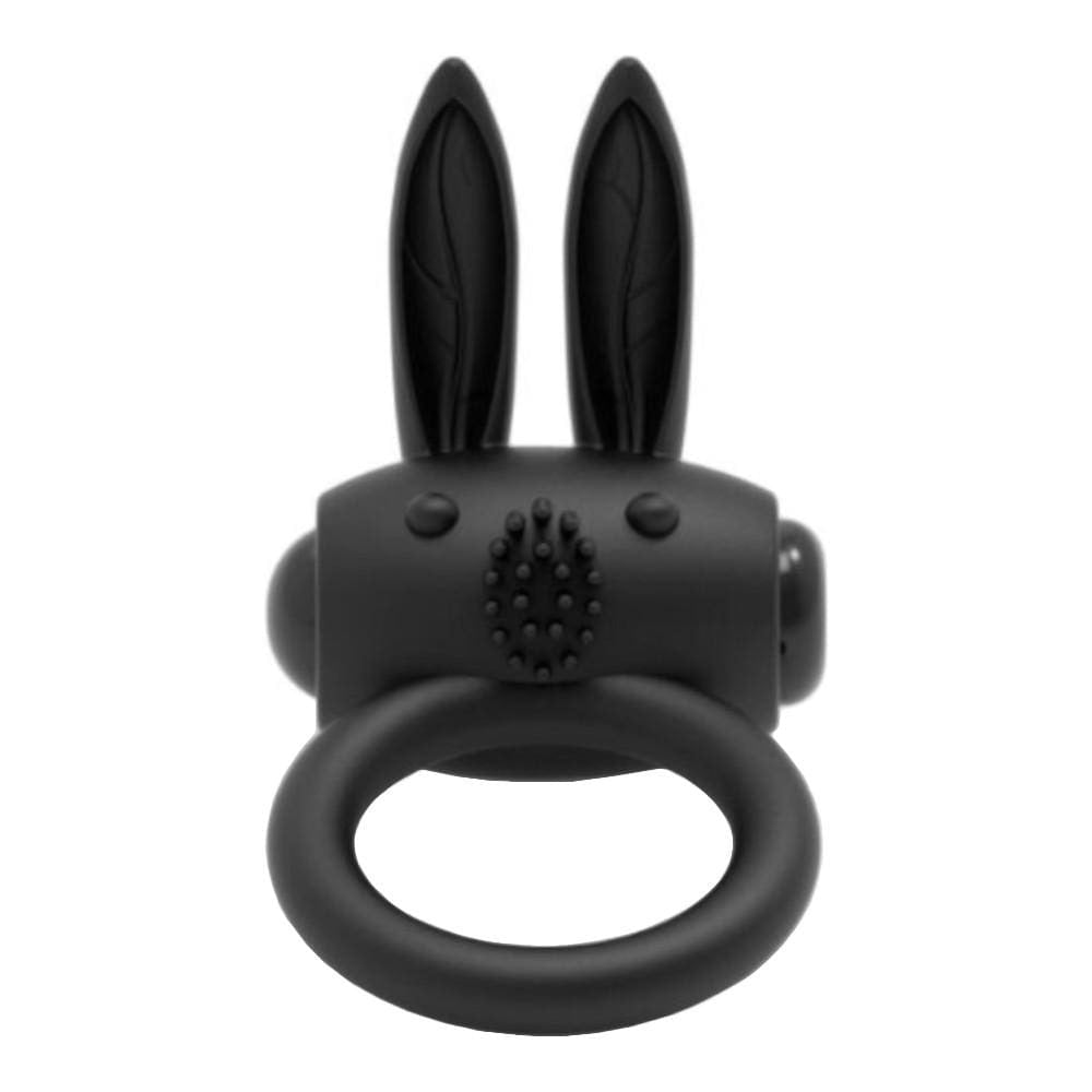 Vibrating Black Rabbit Cock Ring featuring small bumps for clit stimulation and flexible silicone material.