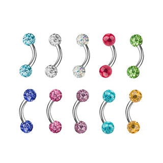 Take a look at an image of Curvy Stainless Clit Piercings Jewelry featuring vibrant epoxy-made gems in various colors like Clear, Aqua, Blue, and more.