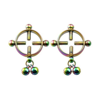 What you see is an image of Tighten up Screw Nipple Rings in rainbow color stainless steel with chimes for auditory pleasure.