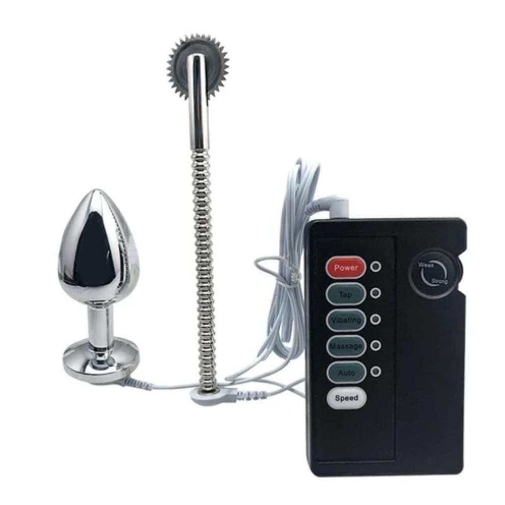In the photograph, you can see an image of Shock Play BDSM Wheel Torture Set featuring a stainless steel pinwheel and aluminum alloy plug for electrifying pleasure.