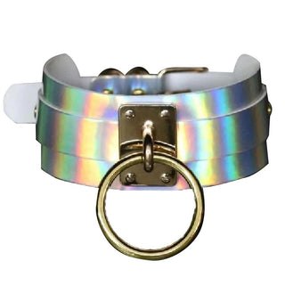 Cool Oversized O Ring Choker in pink and silver color variant with a unique holographic strap.