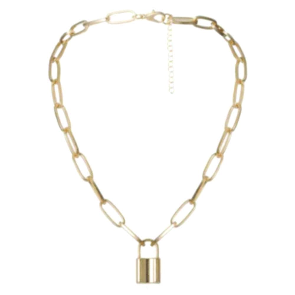 Fashionable padlock necklace featuring a unique geometric pattern on a sleek link chain.
