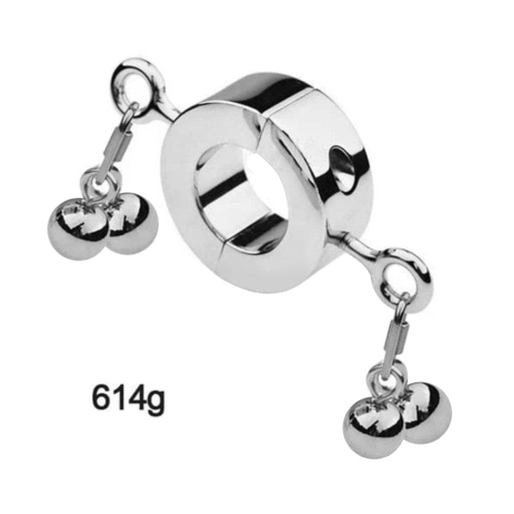 This is an image of Metallic Testicle Stretcher Weights specifications including stainless steel material and silver color.