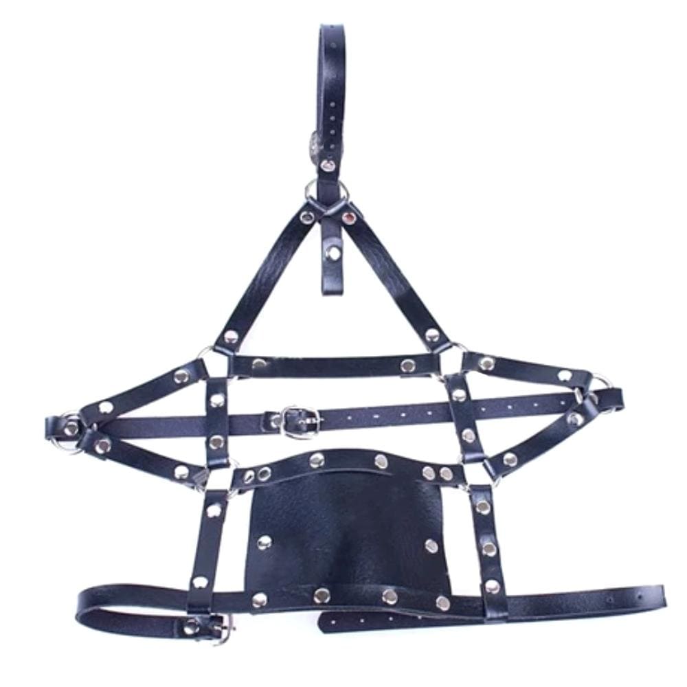 A picture of Bondage Harness Gag made from synthetic leather for comfort, featuring metal accents for a stylish and smooth playtime experience.