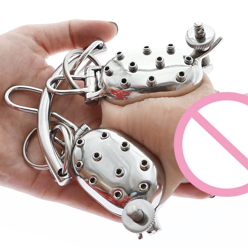 Stainless Ball Clamp CBT Torture Device Specifications: Color/Type - Silver, Material - Stainless Steel, Dimensions - Length: 2.56 inches, Width: 1.77 inches, Height: 0.82 inch.