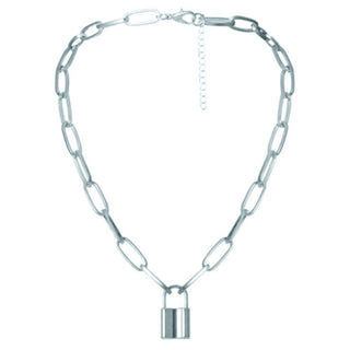 Image of trendy pendant necklace with a geometric lock pattern for a modern and sophisticated look.