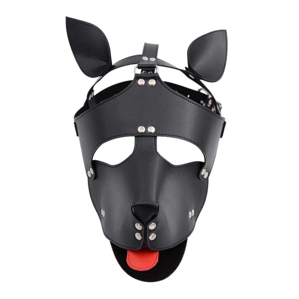 Presenting an image of Leather Pet Play Dog Mask in luxurious black leather for sensory deprivation play.