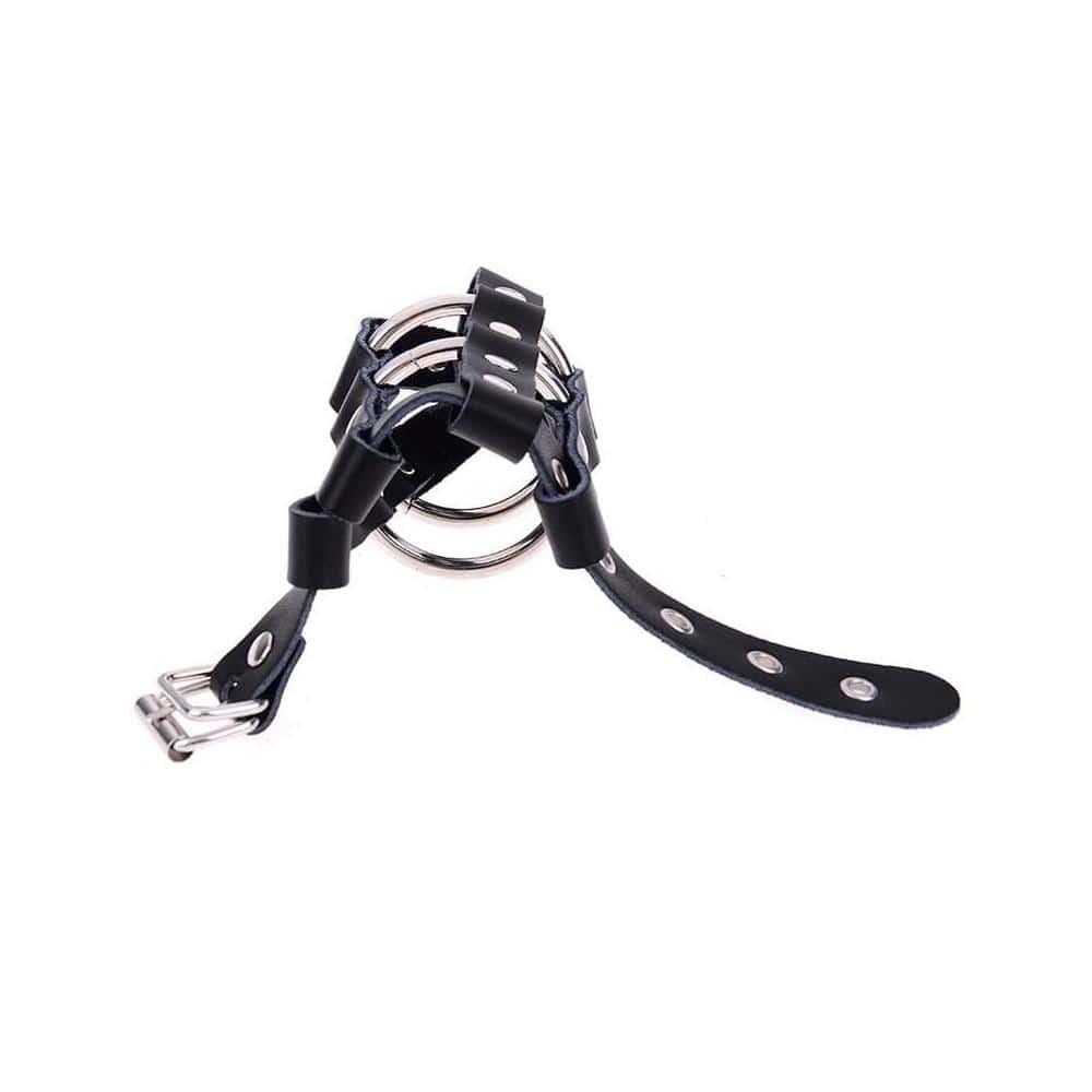A side view image of the Leather Punisher Chastity Restraint, highlighting the discreet wear under any attire.