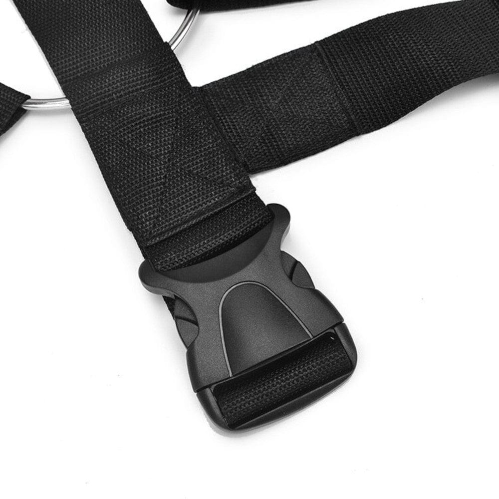 Leg-Spreading Body Harness Sex Sling in black color with metal O-ring design.