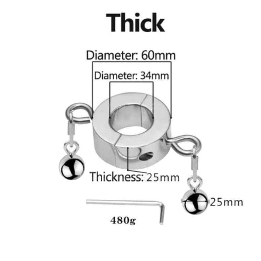 Pictured here is an image of Metallic Testicle Stretcher Weights with a thin ring inner diameter of 1.34 / 34mm for a snug adjustment.
