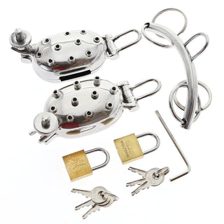 Intricately designed Stainless Ball Clamp CBT Torture Device with a metal suspender comprised of rings for added excitement.