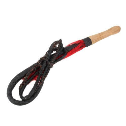 In the photograph, you can see an image of Crack It Loud BDSM Cowhide Leather Braided Sex Whip made from high-quality cowhide leather with a sturdy wooden handle for durability and longevity.