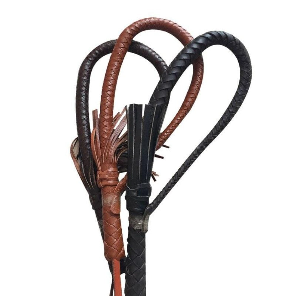 Observe an image of Genuine Leather Bondage Whip in brown and black colors for intense play.