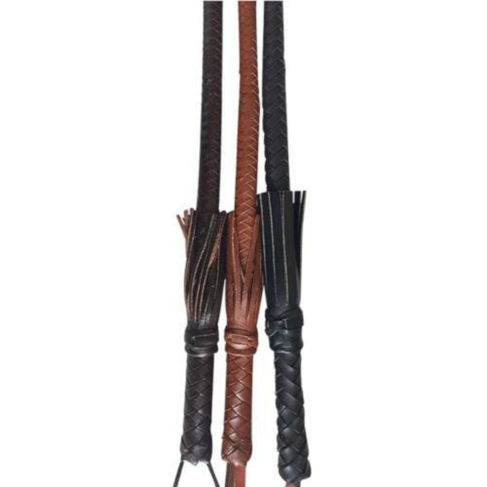 This is an image of Genuine Leather Bondage Whip with a woven leather handle for a comfortable grip.
