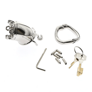 Stainless Cock and Ball Restraint Torture Device featuring a sturdy sleeve, cage diameter, and four different penis ring sizes for a perfect fit and versatile play.