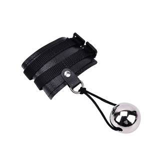 Discover the intricacies of Dick Hangtime Leather Ball Stretcher Penis set with a leather sleeve, weighted ball, and silicone sheath.