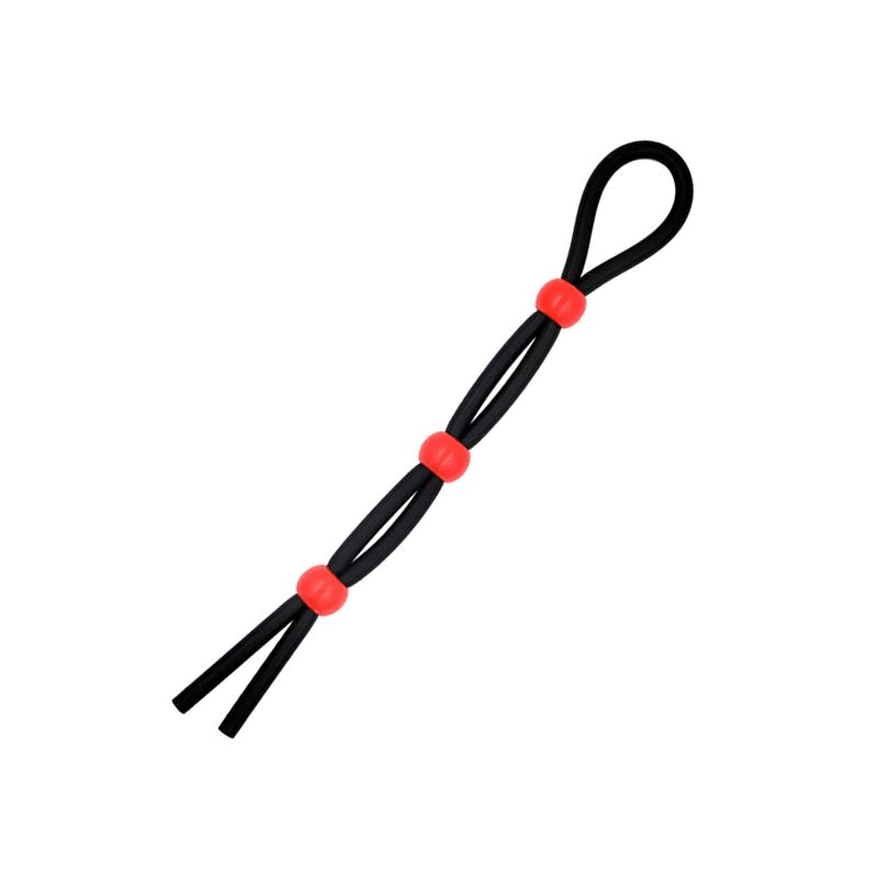 Presenting an image of the Stretchy Cock and Ball Bondage Lasso showcasing its sleek design with red beads and black lasso for intense pleasure.