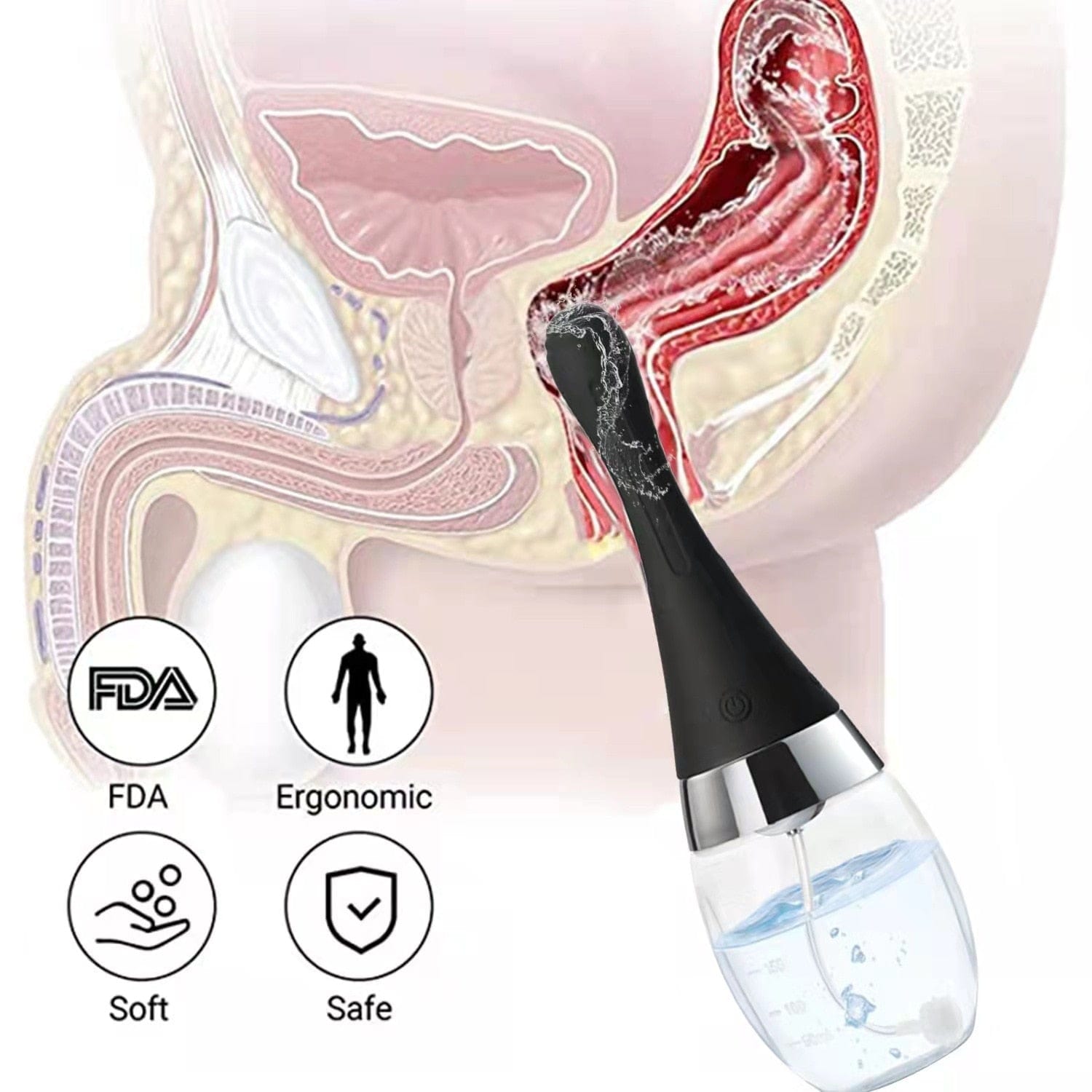 This is an image of Electric Enema device for anal cleansing with mild, moderate, or deep cleaning settings.