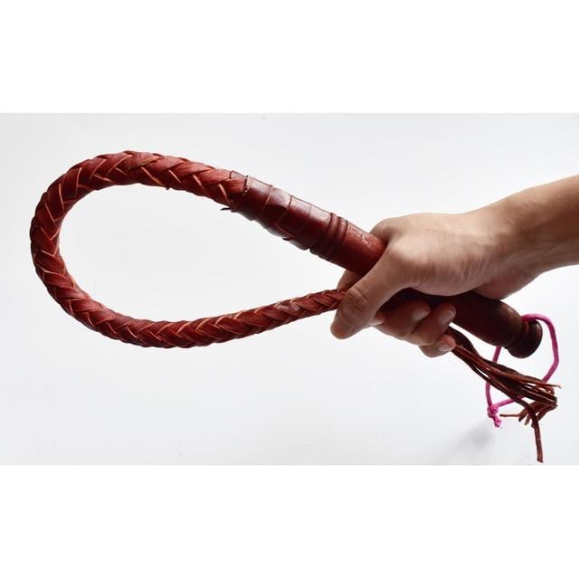 This is an image of the Old School Punishment Kink Scourge Sex Whip, a 27.56-inch leather whip with a wooden handle for luxury and comfort in intimate experiences.