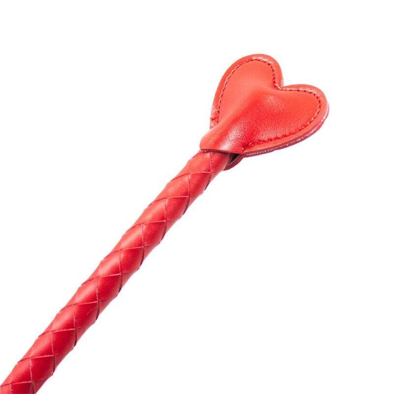 Presenting an image of the Sadistic Heart Sex Whip, measuring 51.18 inches in length with a comfortable 10.63-inch handle, designed for thrilling and balanced intimate play.