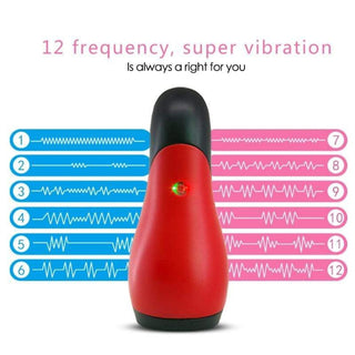 This is an image of the rechargeable male stroker, ready for pleasure with 12-speed vibration levels.