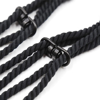 Image displaying the dimensions and features of the Black Nylon and Polyester Rope Restraint for adventurous intimacy.
