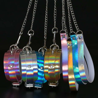 Take a look at an image of En Vogue Holographic Collar with a zinc alloy chain leash attached, ready for you to explore your wildest fantasies.