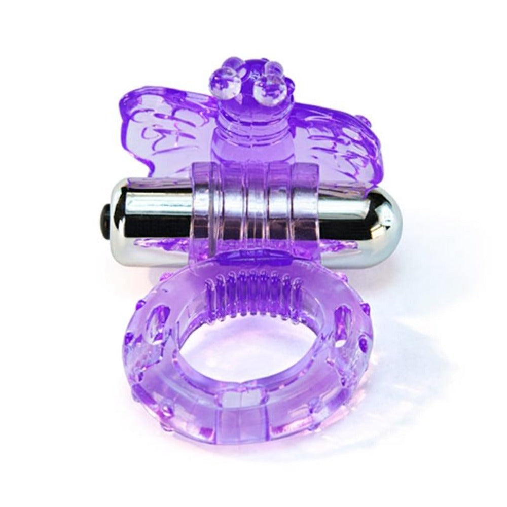 A visual representation of Purple Vibrating Butterfly Ring, a TPR sex toy that prioritizes safety with hypoallergenic and phthalate-free materials.