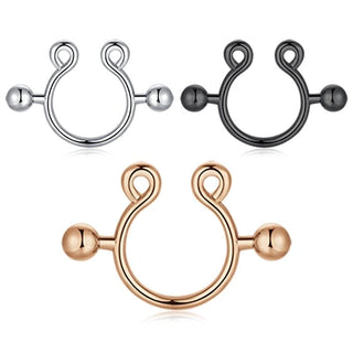 You are looking at an image of Trendy Cuffs Fake Nipple Piercing Bar in classic black stainless steel with realistic rod ends.