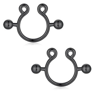 A close-up of Trendy Cuffs Fake Nipple Piercing Bar in trendy silver stainless steel with 16mm diameter and 14G thickness.