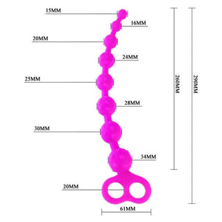 Pictured here is an image of Graduated Progression Pink Anal Beads in pink color, crafted from silicone material, offering a gradual build-up of intensity for a thrilling journey of intimate discovery. Perfect grip and control with a unique handle design.