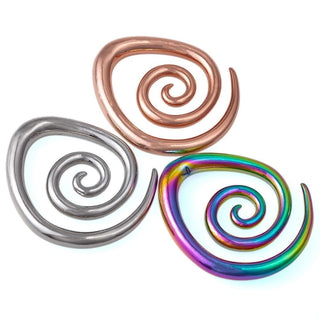 Presenting an image of Spiral Taper Stretched Nipple Piercings in silver, rose gold, and rainbow colors, made from high-quality copper for comfort and durability.
