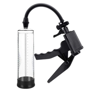 Feast your eyes on an image of Trigger Happy Erection Enlarger Penis Pump with transparent cylinder and black pump and sleeve.