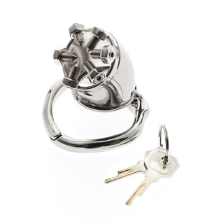 Observe an image of Stainless Cock and Ball Restraint Torture Device showcasing intricate design and adjustable bolts for personalized intensity levels.