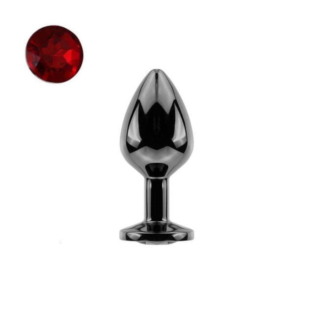 In the photograph, you can see an image of the black jeweled metal anal plug set specifications, including color options for rhinestones.