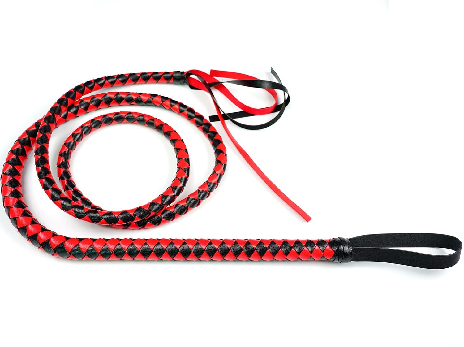 In the photograph, you can see an image of Genuine Cow Leather BDSM Whip in White and Black color, crafted for power play and control.